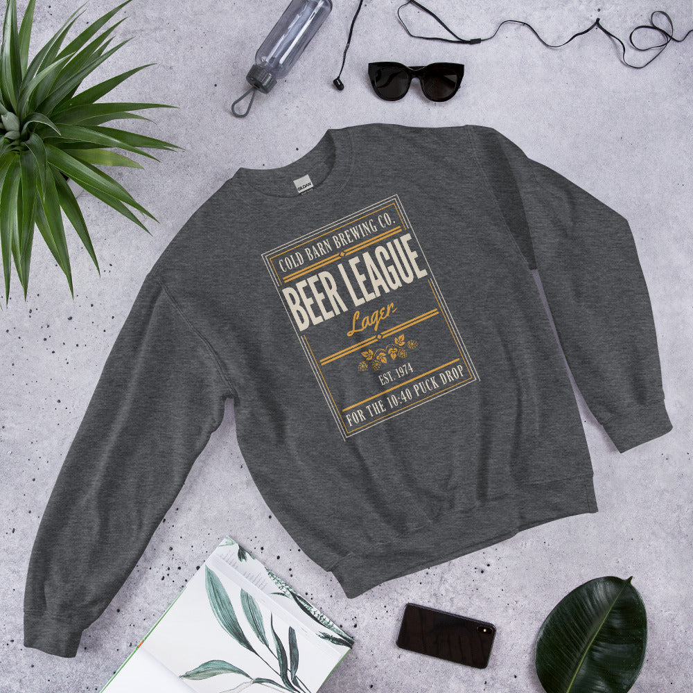 Beer League Cold Barn Brewing lager crewneck sweatshirt — Dark Heather, front-right
