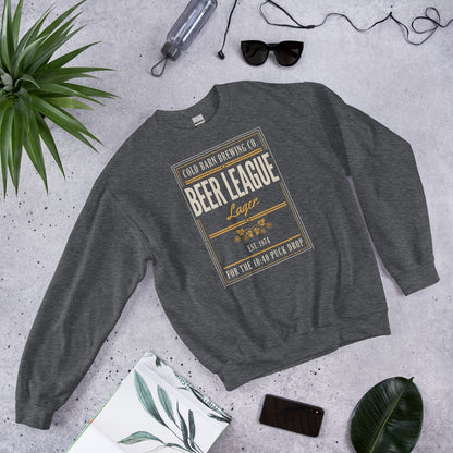 Beer League Cold Barn Brewing lager crewneck sweatshirt — Dark Heather, front-right