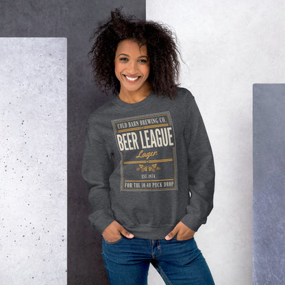 Beer League Cold Barn Brewing lager crewneck sweatshirt — Dark Heather, on model