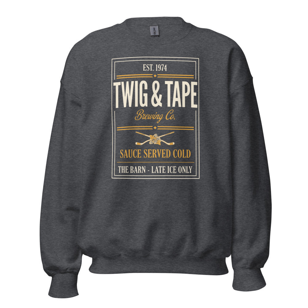 Twig and Tape Brewing Co. beer league hockey crewneck sweatshirt — Dark Heather, front