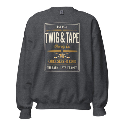 Twig and Tape Brewing Co. beer league hockey crewneck sweatshirt — Dark Heather, front