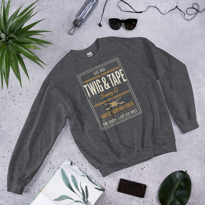 Twig and Tape Brewing Co. beer league hockey crewneck sweatshirt — Dark Heather, front-right