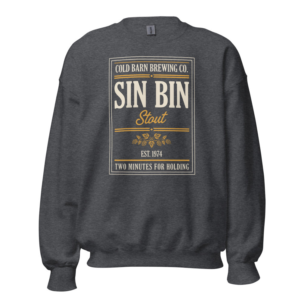 Beer League Sin Bin Stout brewery label crewneck sweatshirt — Dark Heather, front