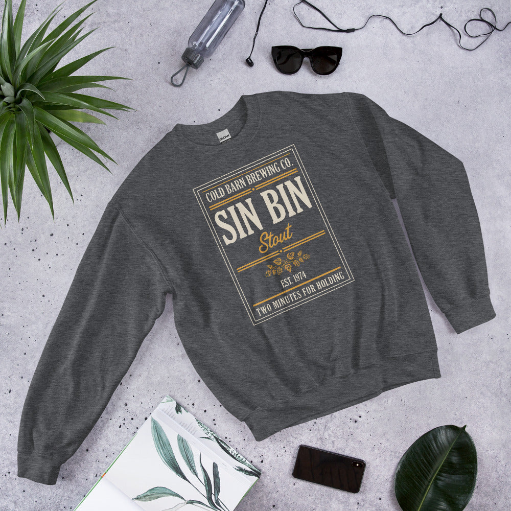 Beer League Sin Bin Stout brewery label crewneck sweatshirt — Dark Heather, front-right