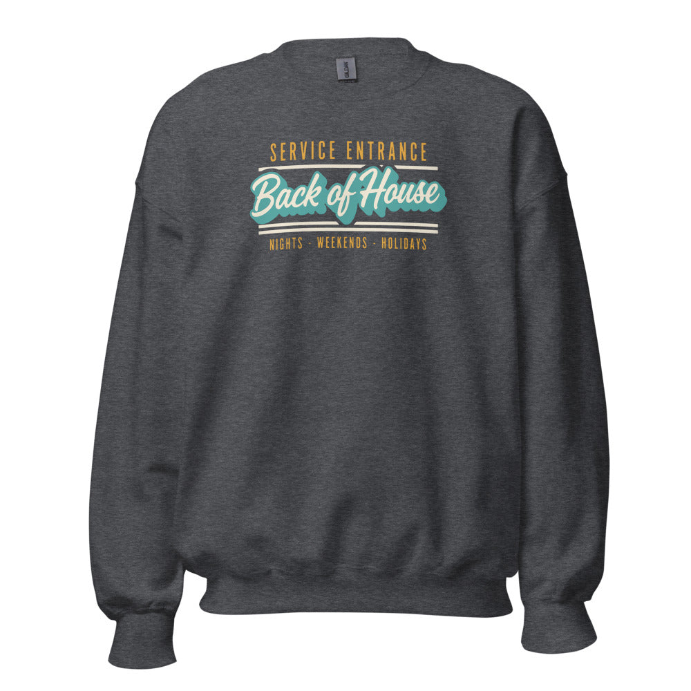 Back of House line cook retro diner service sign crewneck sweatshirt — Dark Heather, front