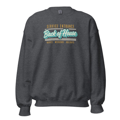 Back of House line cook retro diner service sign crewneck sweatshirt — Dark Heather, front