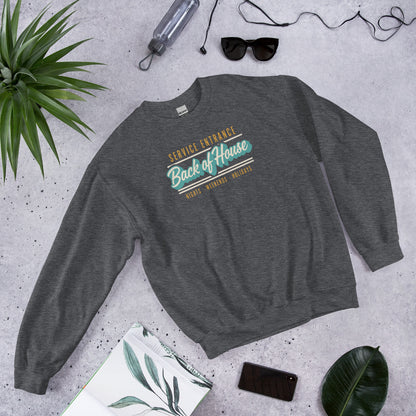 Back of House line cook retro diner service sign crewneck sweatshirt — Dark Heather, flat lay