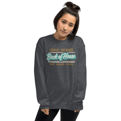 Back of House line cook retro diner service sign crewneck sweatshirt — Dark Heather, on model