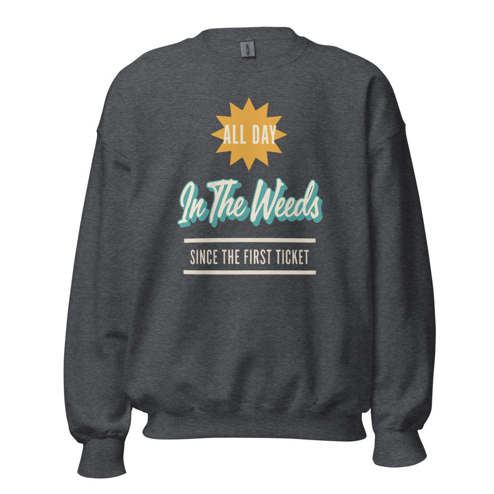 In The Weeds line cook retro diner service sign crewneck sweatshirt — Dark Heather, front