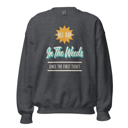 In The Weeds line cook retro diner service sign crewneck sweatshirt — Dark Heather, front