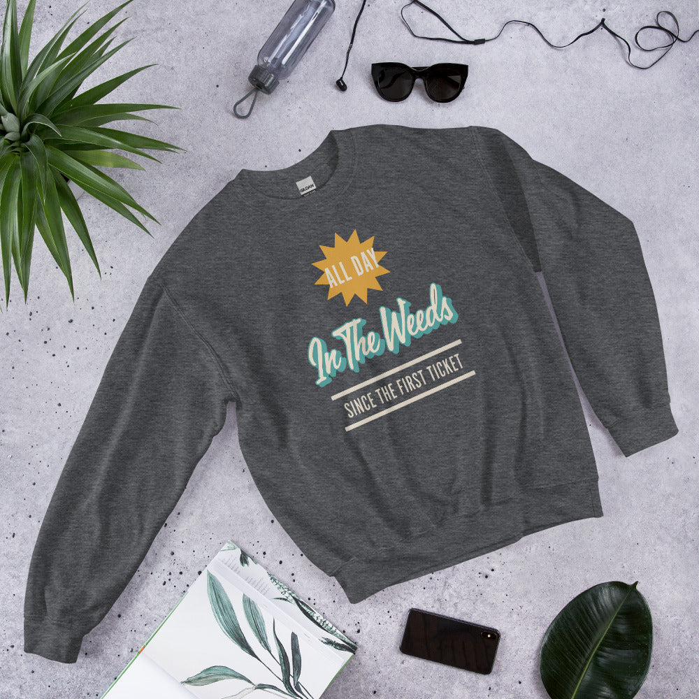 In The Weeds line cook retro diner service sign crewneck sweatshirt — Dark Heather, flat lay