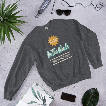 In The Weeds line cook retro diner service sign crewneck sweatshirt — Dark Heather, flat lay