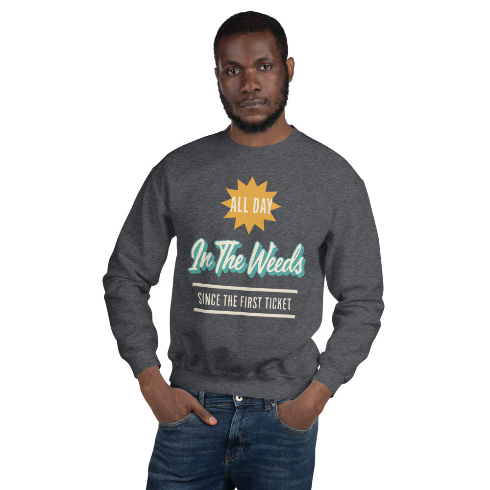 In The Weeds line cook retro diner service sign crewneck sweatshirt — Dark Heather, on model