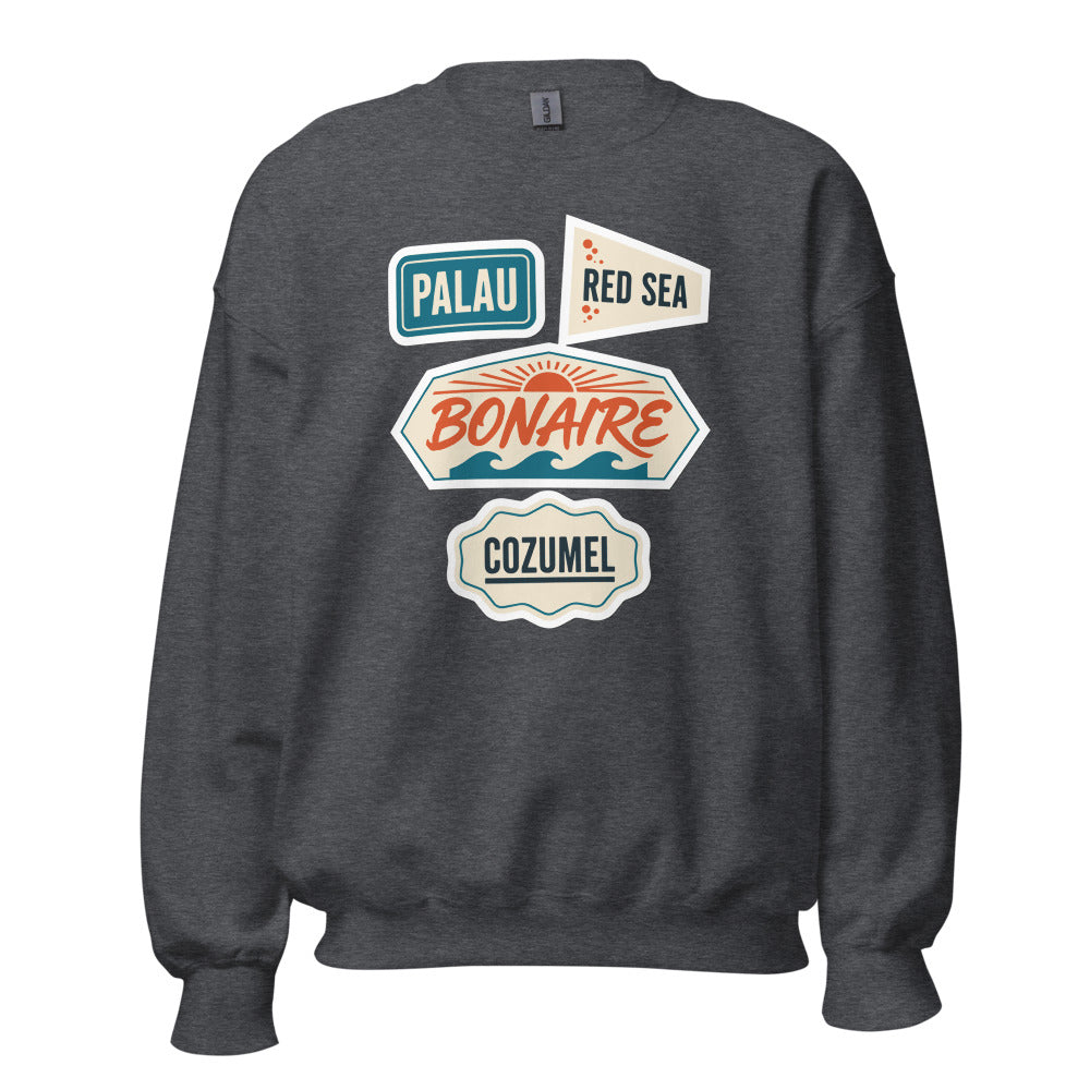 Vintage scuba diving dive sites travel decal sweatshirt — Dark Heather, front