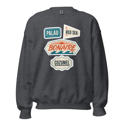 Vintage scuba diving dive sites travel decal sweatshirt — Dark Heather, front
