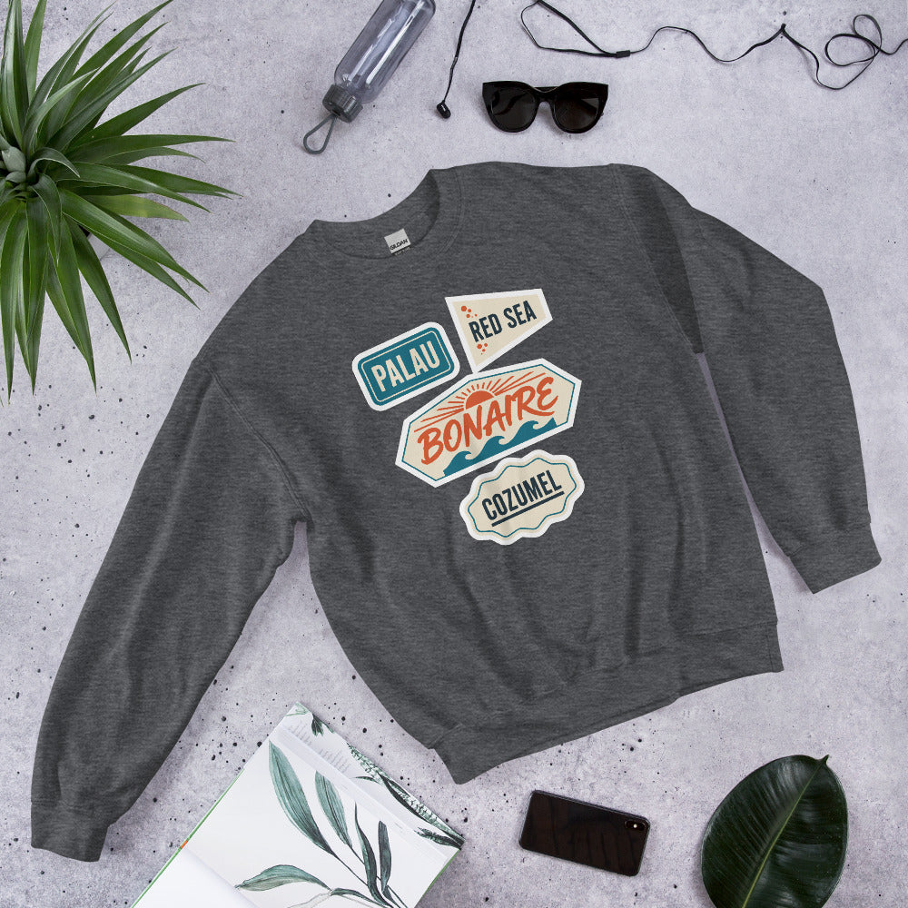 Vintage scuba diving dive sites travel decal sweatshirt — Dark Heather, flat lay
