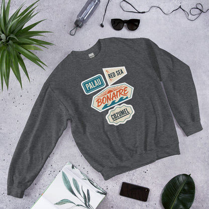 Vintage scuba diving dive sites travel decal sweatshirt — Dark Heather, flat lay