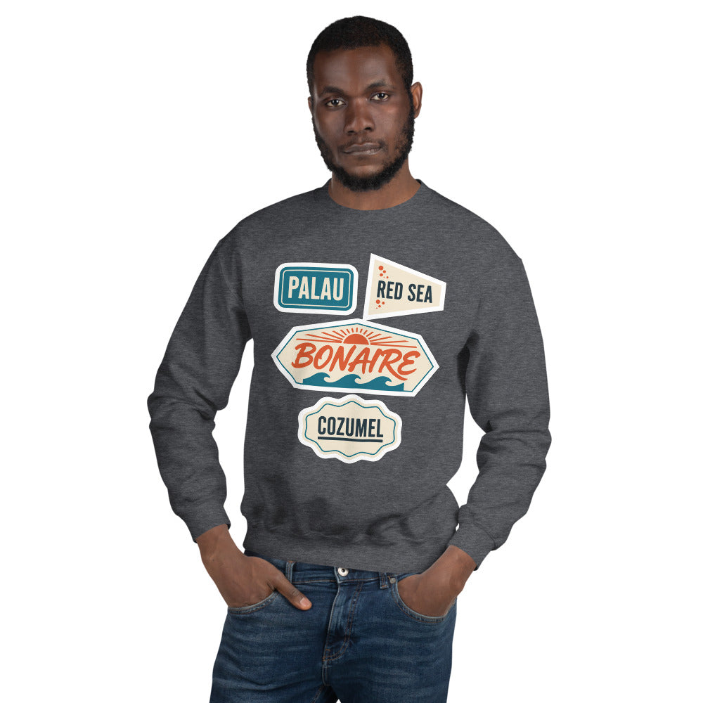 Vintage scuba diving dive sites travel decal sweatshirt — Dark Heather, on model