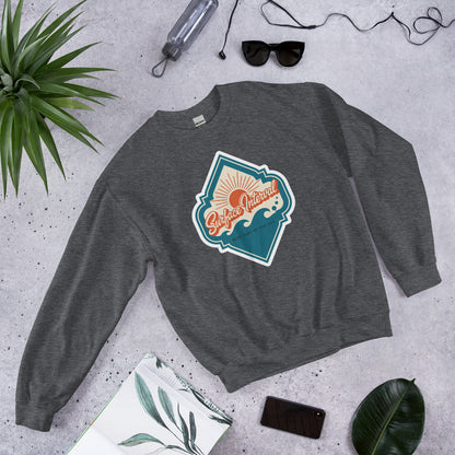 Surface Interval vintage scuba diving travel decal sweatshirt — Dark Heather, flat lay