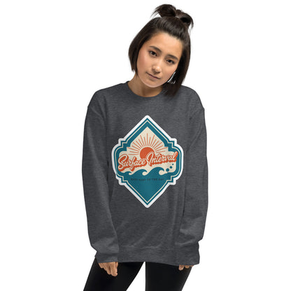 Surface Interval vintage scuba diving travel decal sweatshirt — Dark Heather, on model