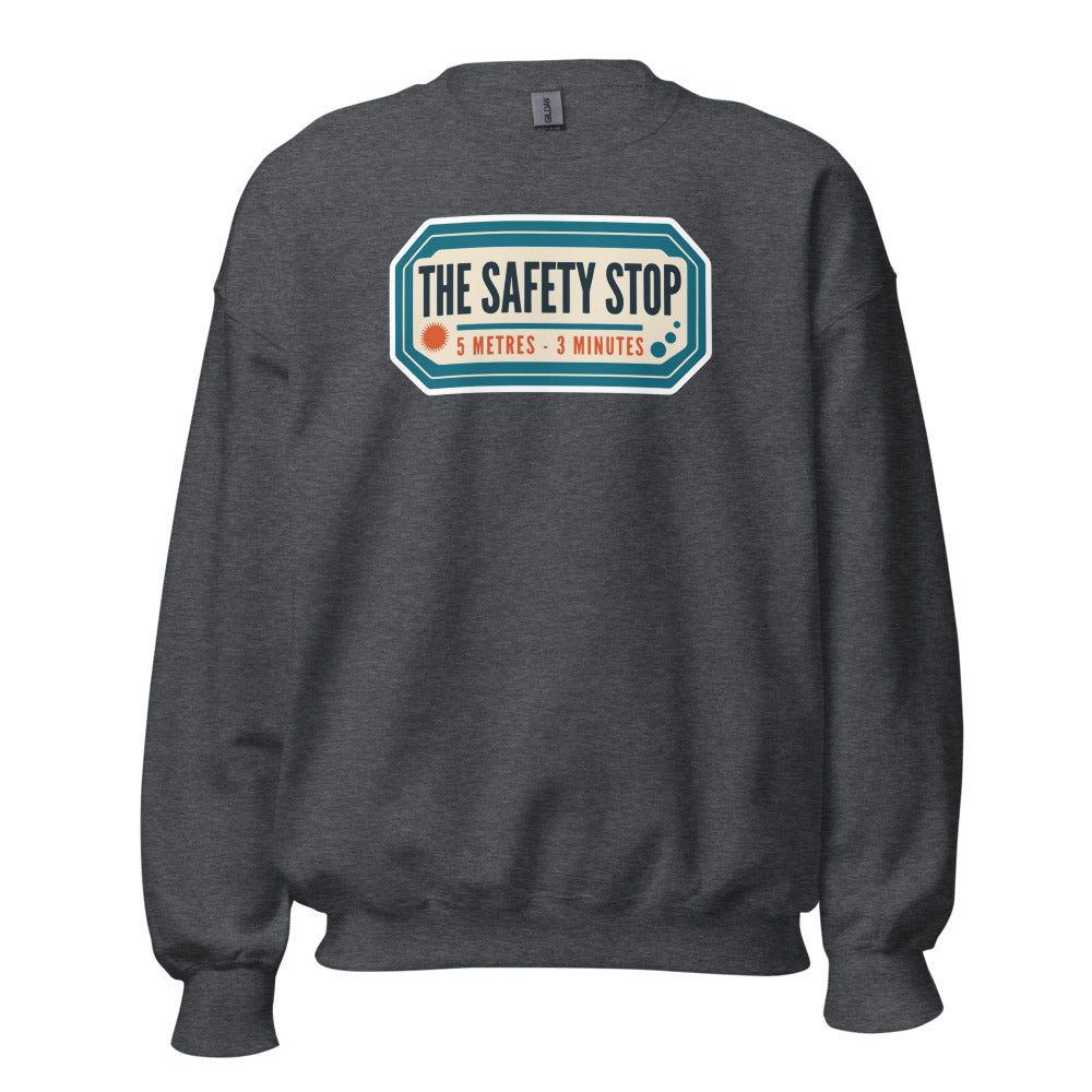 The Safety Stop vintage scuba diving travel decal sweatshirt — Dark Heather, front