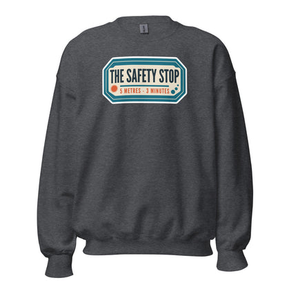 The Safety Stop vintage scuba diving travel decal sweatshirt — Dark Heather, front