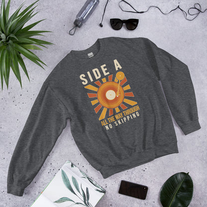 Side A No Skipping vinyl record crewneck sweatshirt — Dark Heather, flat lay