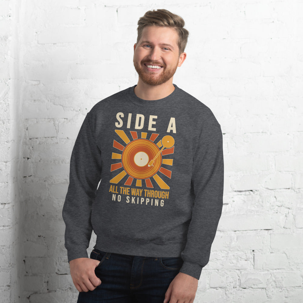 Side A No Skipping vinyl record crewneck sweatshirt — Dark Heather, on model