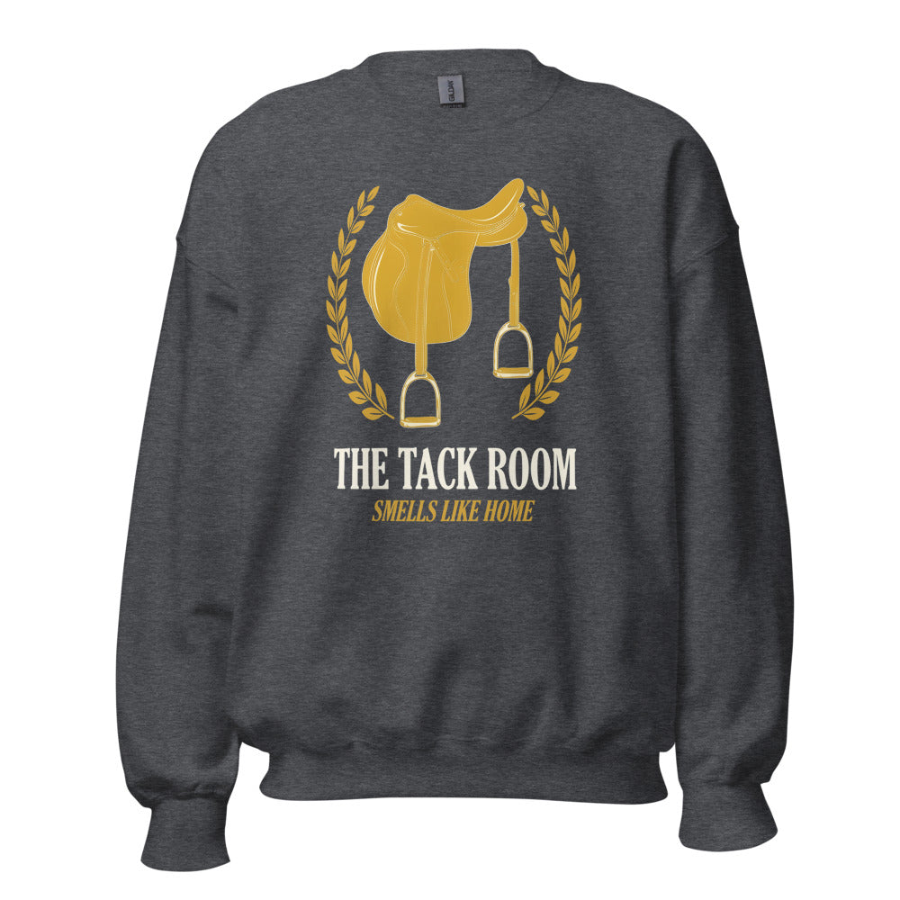 The Tack Room engraved equestrian saddle crest crewneck sweatshirt — Dark Heather, front