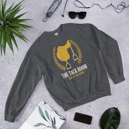 The Tack Room engraved equestrian saddle crest crewneck sweatshirt — Dark Heather, flat lay