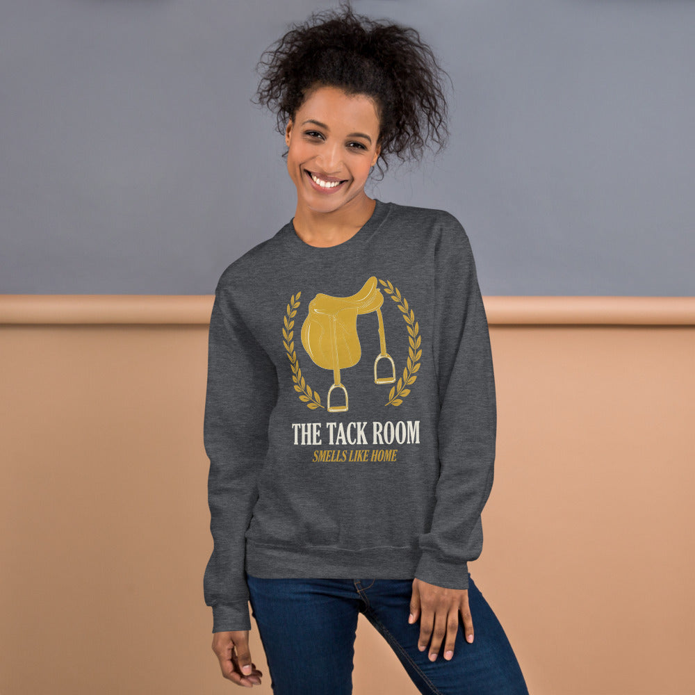 The Tack Room engraved equestrian saddle crest crewneck sweatshirt — Dark Heather, on model