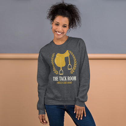 The Tack Room engraved equestrian saddle crest crewneck sweatshirt — Dark Heather, on model