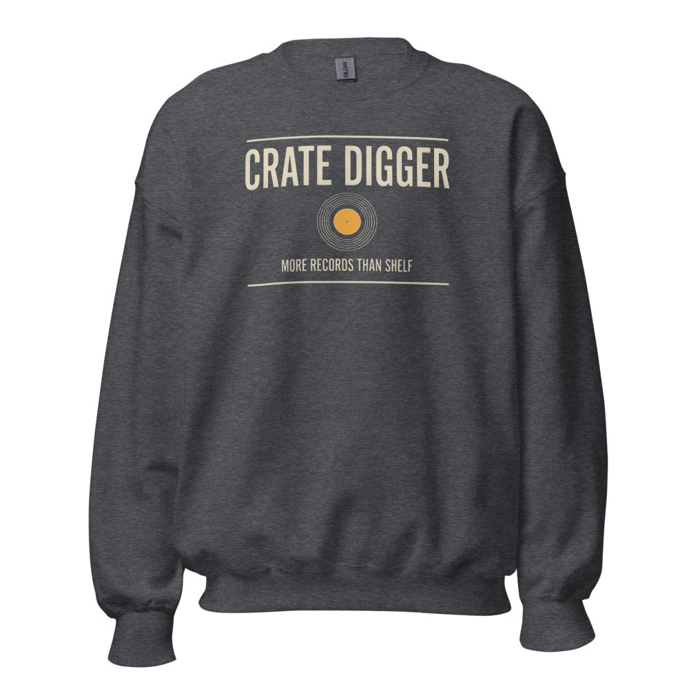Crate Digger vinyl record crewneck sweatshirt — Dark Heather, front