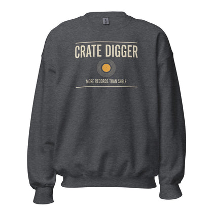 Crate Digger vinyl record crewneck sweatshirt — Dark Heather, front