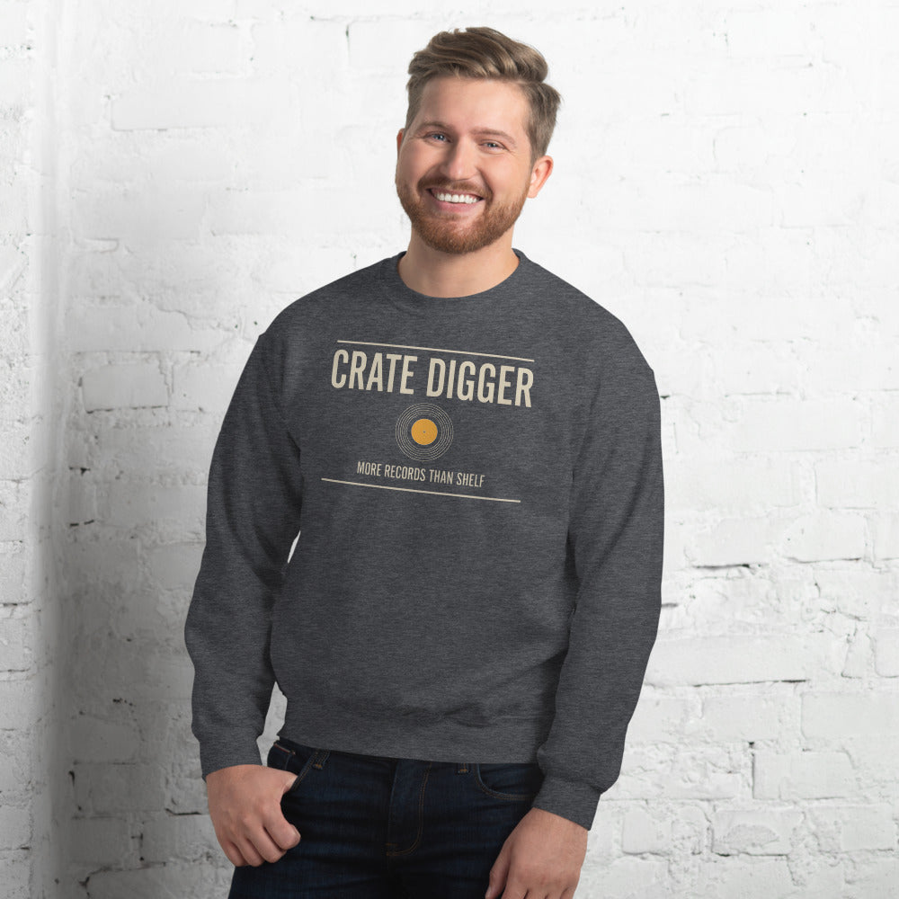 Crate Digger vinyl record crewneck sweatshirt — Dark Heather, on model