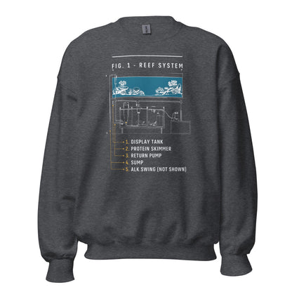 Reef System technical cutaway saltwater aquarium crewneck sweatshirt — Dark Heather, front