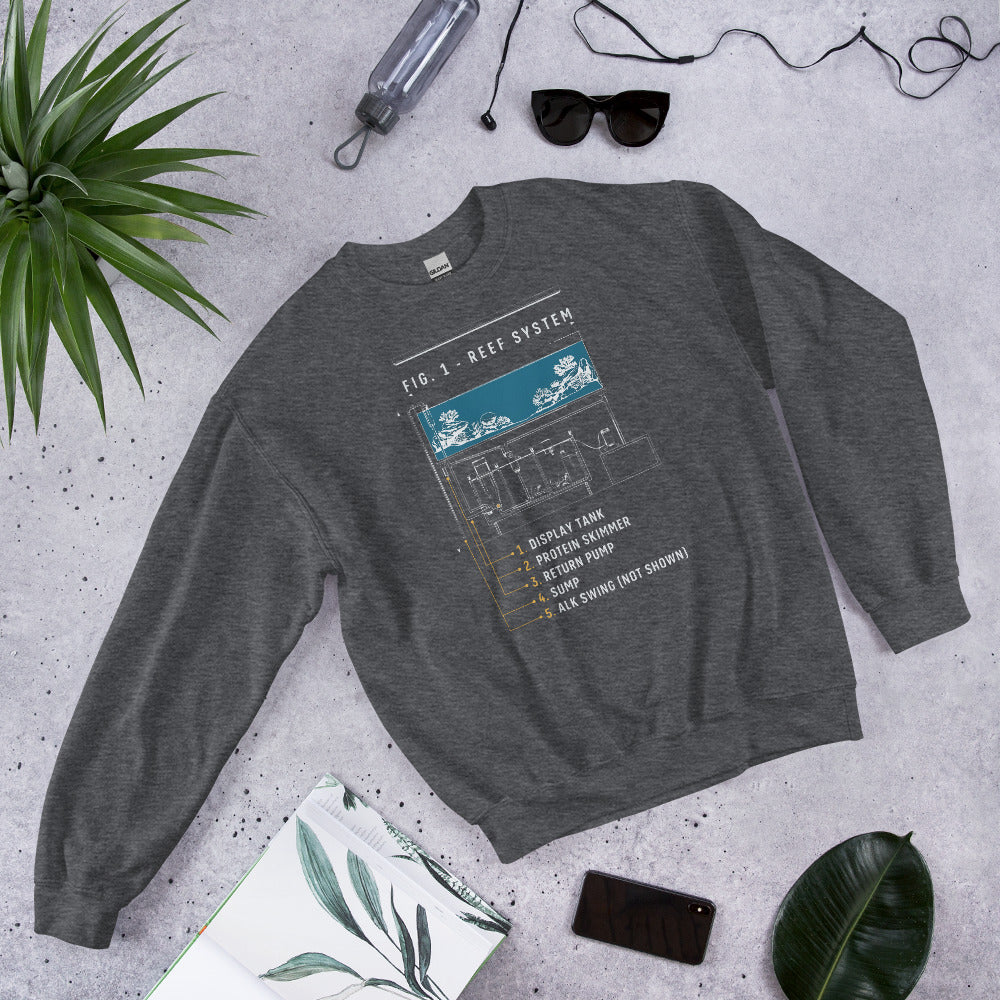 Reef System technical cutaway saltwater aquarium crewneck sweatshirt — Dark Heather, flat lay