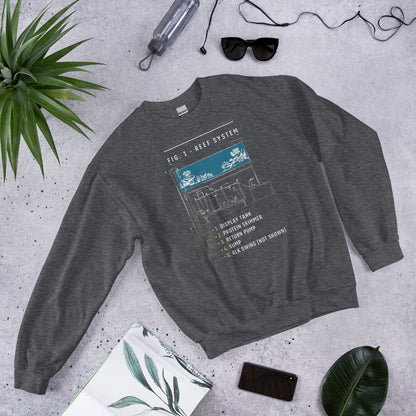 Reef System technical cutaway saltwater aquarium crewneck sweatshirt — Dark Heather, flat lay