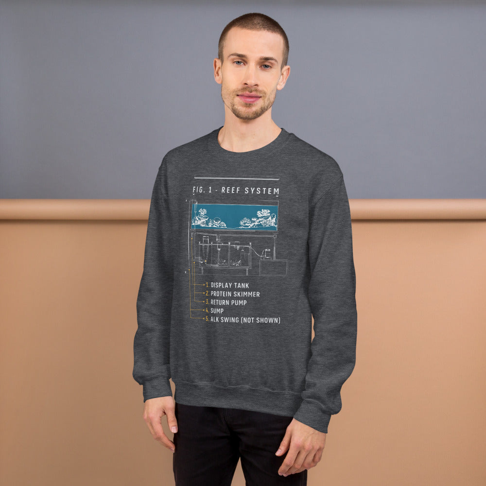 Reef System technical cutaway saltwater aquarium crewneck sweatshirt — Dark Heather, on model