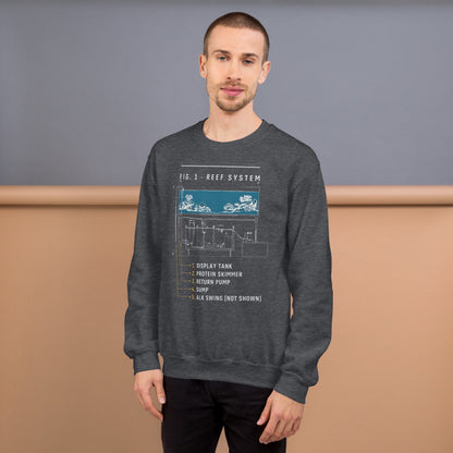 Reef System technical cutaway saltwater aquarium crewneck sweatshirt — Dark Heather, on model
