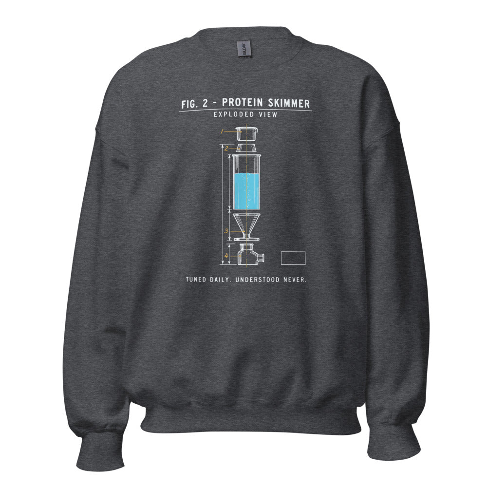Protein Skimmer Exploded View reef tank saltwater aquarium crewneck sweatshirt — Dark Heather, front