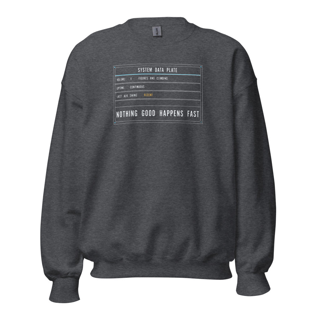 Nothing Good Happens Fast reef system data plate saltwater aquarium crewneck sweatshirt — Dark Heather, front