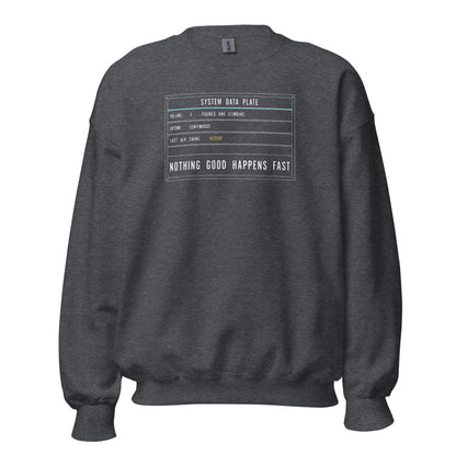Nothing Good Happens Fast reef system data plate saltwater aquarium crewneck sweatshirt — Dark Heather, front