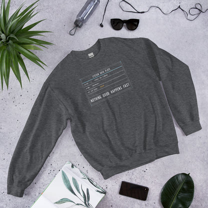 Nothing Good Happens Fast reef system data plate saltwater aquarium crewneck sweatshirt — Dark Heather, flat lay
