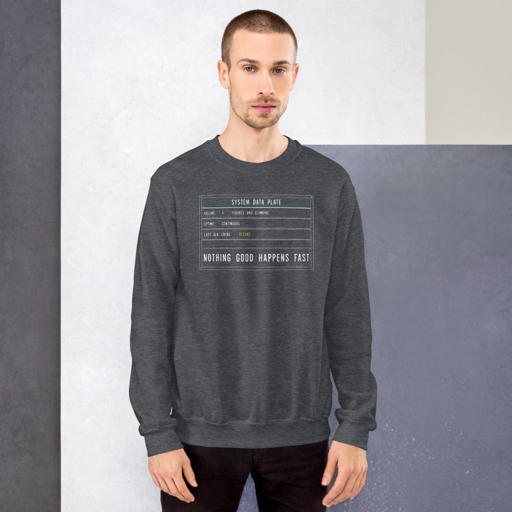 Nothing Good Happens Fast reef system data plate saltwater aquarium crewneck sweatshirt — Dark Heather, on model