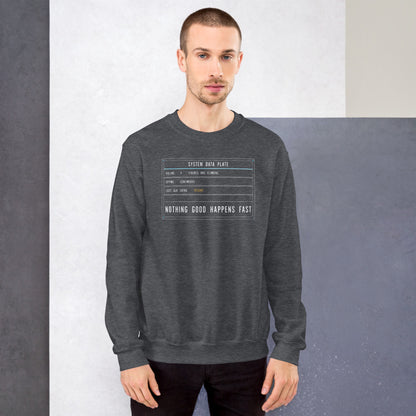 Nothing Good Happens Fast reef system data plate saltwater aquarium crewneck sweatshirt — Dark Heather, on model