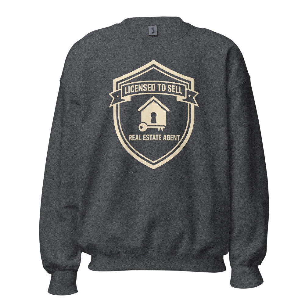 Licensed to Sell real estate agent crewneck sweatshirt — Dark Heather, front