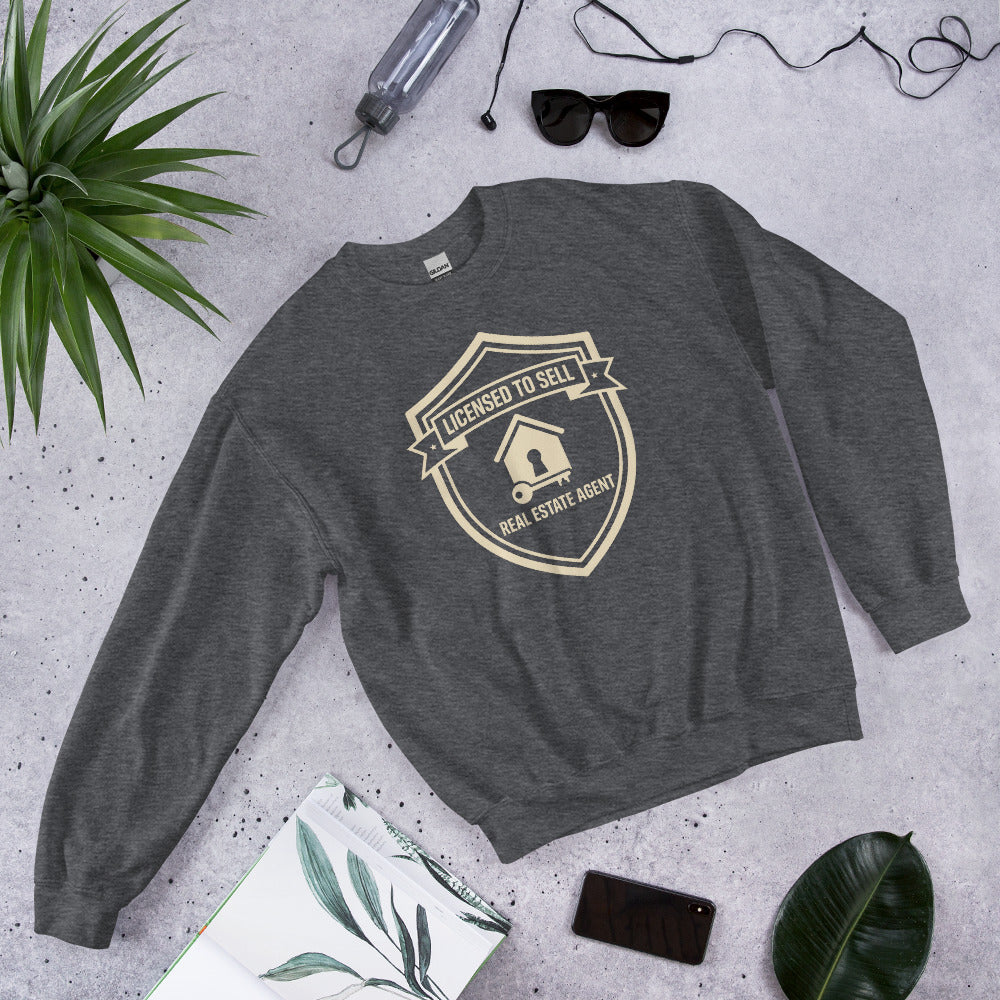 Licensed to Sell real estate agent crewneck sweatshirt — Dark Heather, flat lay