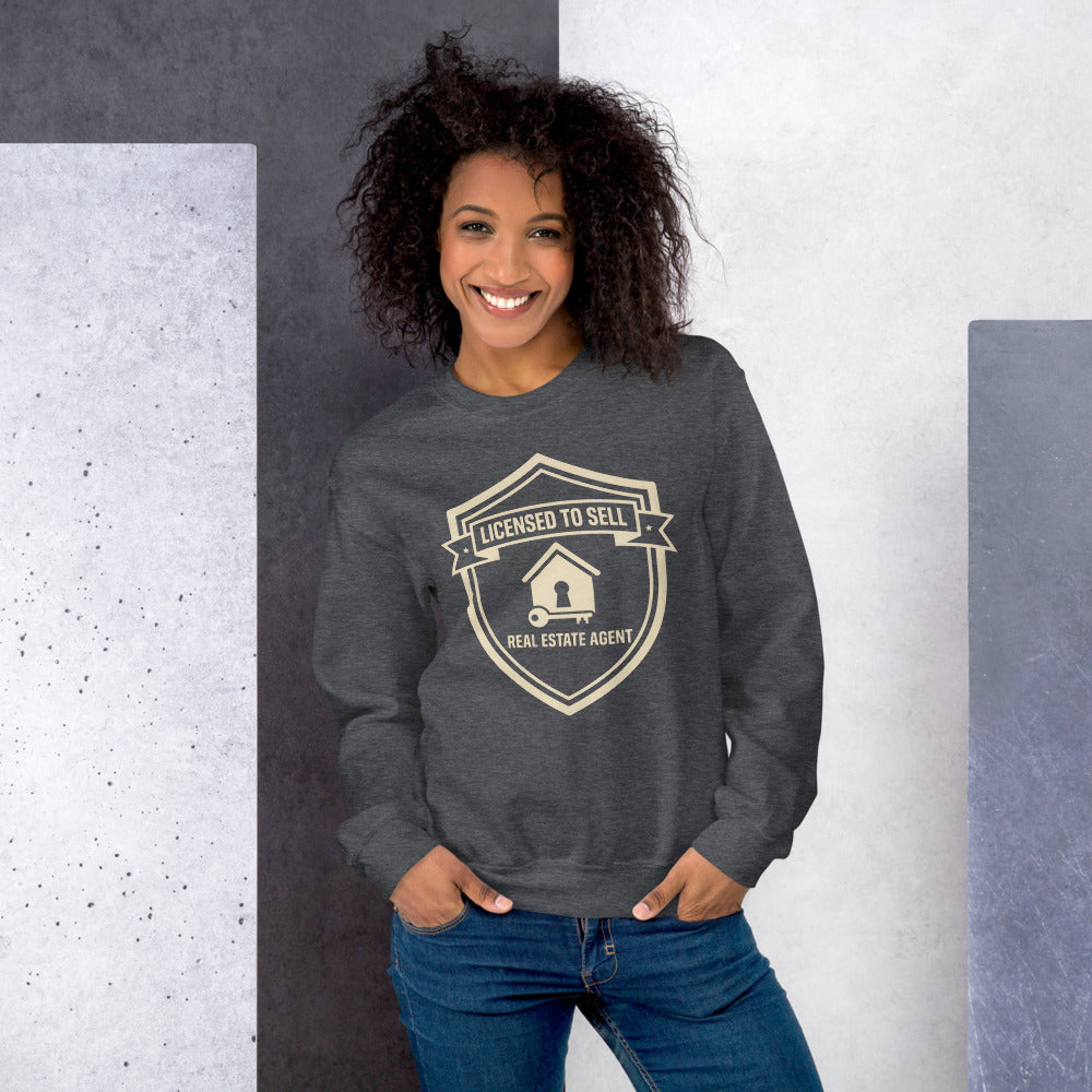 Licensed to Sell real estate agent crewneck sweatshirt — Dark Heather, on model