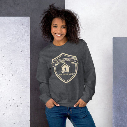 Licensed to Sell real estate agent crewneck sweatshirt — Dark Heather, on model